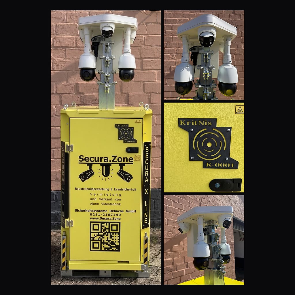 System KritNis – Turm K-0001 und Systemkopf - Secura.Zone System KritNis: der erste Turm K-0001, daneben der Systemkopf von vorn, das Typenschild mit dem Zeichen von KritNis und der Systemkopf schräg von der Seite System KritNis: der erste Turm K-0001, daneben der Systemkopf von vorn, das Typenschild mit dem Zeichen von KritNis und der Systemkopf schräg von der Seite