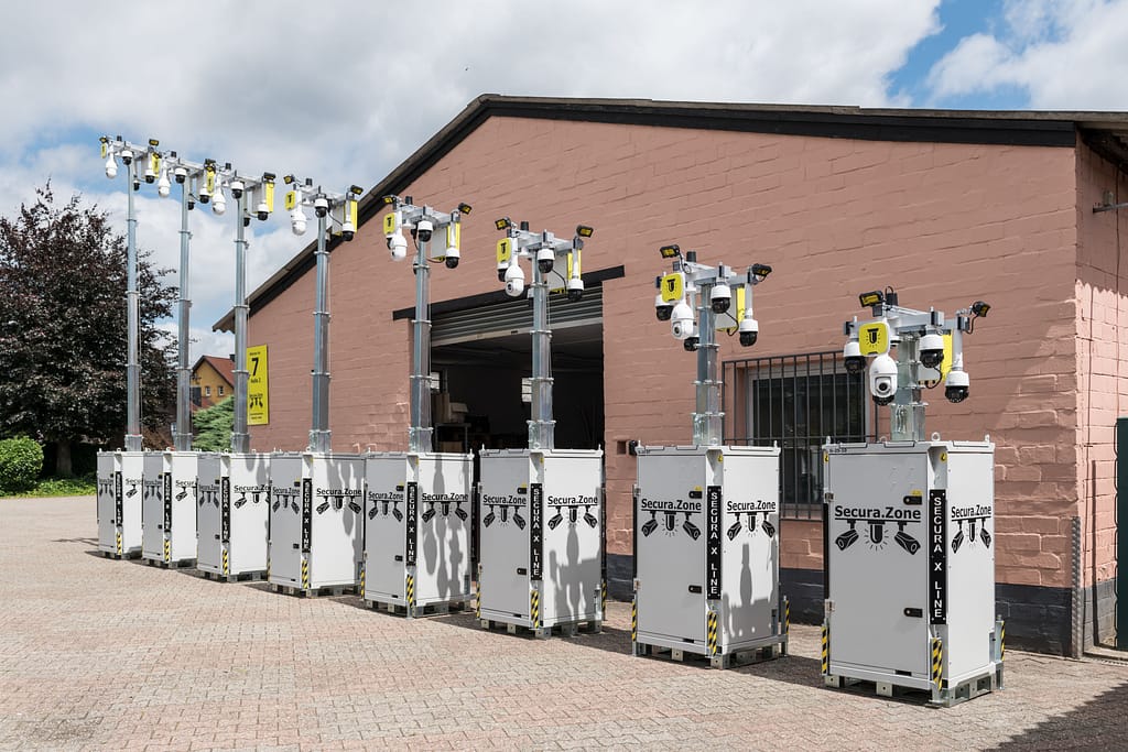 mobile Videoüberwachung mobile Alarmtechnik Baustellenüberwachung-8x Baustellenüberwachung-Box G-25-8x-vor-Halle-Mast-absteigend von links nach rechts mobile Videoüberwachung mobile Alarmtechnik Baustellenüberwachung-8x Baustellenüberwachung-Box G-25-8x-vor-Halle-Mast-absteigend von links nach rechts